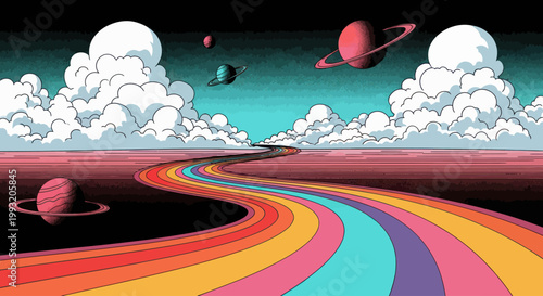 Colorful planets and rings in space.