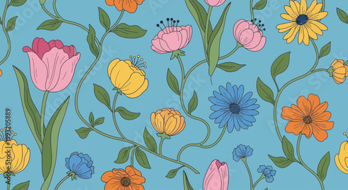Colorful flowers on blue background.