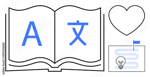 Language learning. Symbols of language skills and translation an open book, heart icon, and workflow diagram. Language learning for education, development, and cultural exchange concepts