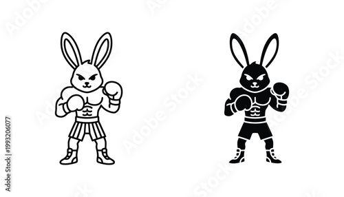 Muscular rabbit boxer character icon set in outline and glyph styles for sports and mascot design projects