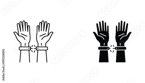 Hands in broken shackles icon set in outline and glyph styles for freedom and liberation concepts