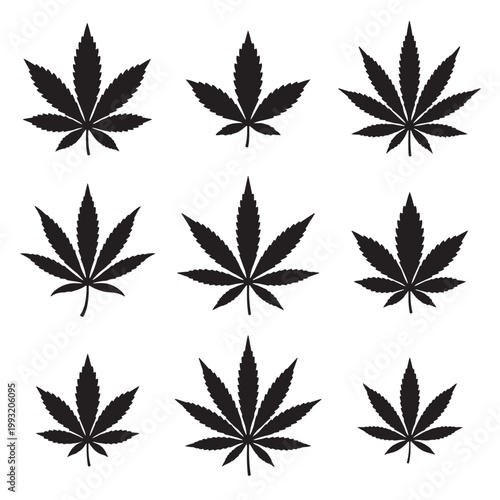 black and white vector silhouette set of cannabis leaf
