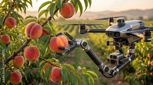 Drone with robotic arm harvesting ripe peaches in an orchard under warm sunlight
