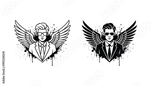 Stylized illustration of a cool businessman with wings and sunglasses featuring ink splatter effects representing success leadership and angel investor concepts as a bold graphic design for branding