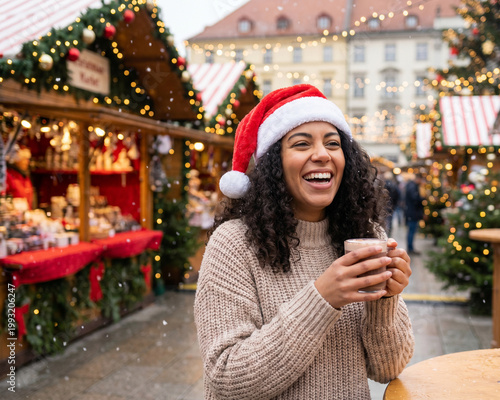 Beautiful woman wearing a red Santa's hat, happy and smiling woman, Christmas festive time