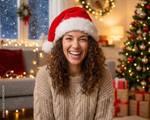 Beautiful woman wearing a red Santa's hat, happy and smiling woman, Christmas festive time