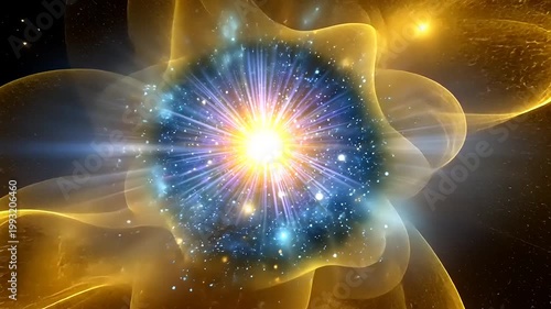 Animated cosmic bloom visualizer with dynamic light rays and particle effects, galaxy evolving