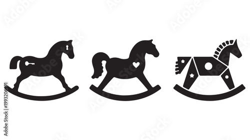 Vintage rocking horse silhouettes, set of 3 wooden toy horse icons, black nursery horse vectors for baby shower invitations and child decor