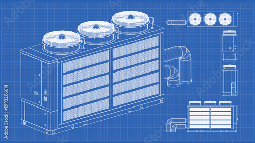 Roof  Chiller – drawing of a rooftop HVAC unit, cooling tower. Orthographic view - side views, front and top. 3D Mesh, Sketch, Vector style or Drawing. 3D rendering isolated on blue background. 