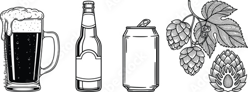 Beer Beverage Line Illustration Featuring Mug, Bottle, Can, and Hops Plant with Hand Drawn Brewery Drink Elements Collection Design