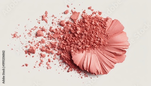 A Close Up Studio Shot Of A Crushed Peachy Pink Powder Makeup Product Shaped Like A Peony Flower Against A Soft White Background With Soft Lighting