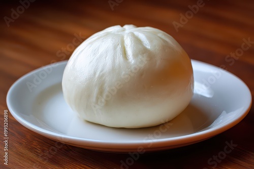 A Close Up Round White Bao Bun Made With Cheese Sitting On A White Plate With A Wooden Table Background Illuminated By Soft Lighting