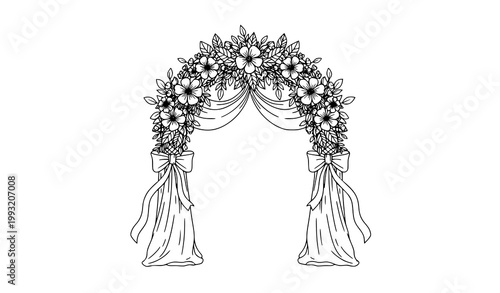Simple Wedding Arch with Flowers and Ribbon Cute Marriage Ceremony Line Art Vector Illustration
