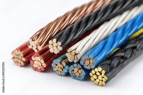 A Collection of Electrical Wires Copper and Insulated Varieties in Black White Blue Yellow and Red Detailed Close Up Against a Clean White Background Showcasing Metallic Strands and Protective