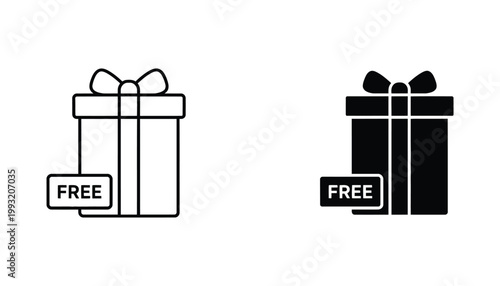 Gift box icon set with free text tag in linear and solid black glyph style for e-commerce marketing and promotional campaign visuals
