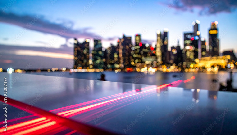 Fototapeta premium Cyberpunk Data Portal: Empty glossy tabletop with glowing magenta and white digital lines, conceptual background for modern product placement in front of a blurred city skyline at night.