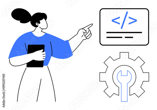 Software development, coding education, technology innovation, programming, problem-solving, teamwork. Woman holding tablet pointing at code snippet and gear. Software development and coding