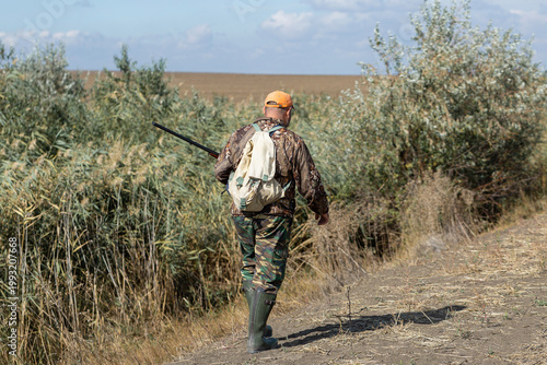 A hunter with a gun in camouflage clothing. A gentleman with a gun, medium shot, unrecognizable.