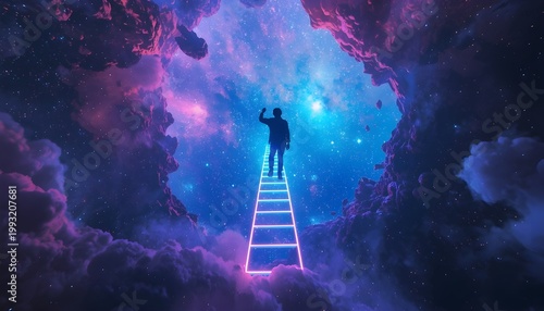A man stands on a glowing ladder reaching for a star in a vibrant purple and blue galaxy