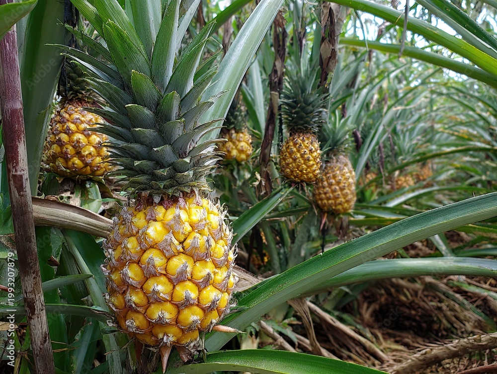 Obraz premium Pineapples grown on tropical organic farming.
