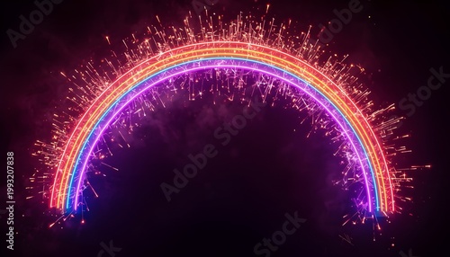 A vibrant rainbow with sparkling fireworks exploding in the dark night sky