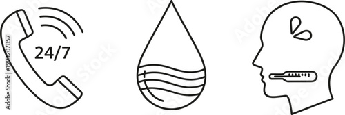 Black line icon set featuring 24/7 medical phone support water drop and patient with thermometer for healthcare,