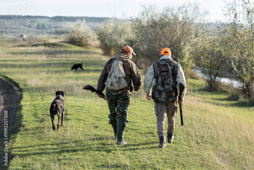 A hunters in camouflage clothing with a gun in his hands walks along the reeds.