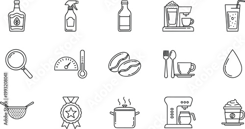 Black line vector icon set of coffee machines cafe drinks kitchen tools and barista equipment beverage elements,