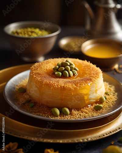 Jordanian kunafa dessert with melted cheese and syrup, golden crispy top, pistachio garnish. Traditional authentic food of Jordan. Middle Eastern and Arabic cuisine