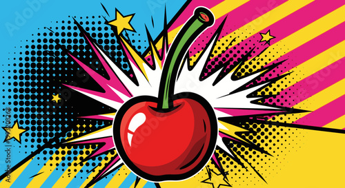 Cartoon cherry illustration vibrant colors graphic design burst background star elements for advertising food concepts