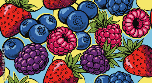 Berry mix pop art illustration colorful berries seamless pattern