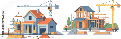 Flat design house construction site illustration with workers cranes for web and print