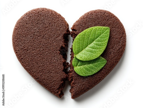 A Dark Brown Heart-Shaped Cookie Broken in Half with Two Vibrant Green Leaves Adorning One Side on a Clean White Background Representing Love or Heartbreak