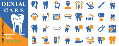 Dental Care and Dentistry Flat Icons. Two-Color Vector Set for Oral Health, Dentist Clinic, Orthodontics, Tooth Treatment, Medical Signs and Hygiene Design. Editable.