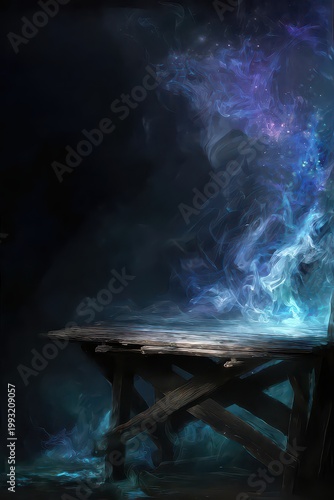 A Dark Wooden Table Amidst Swirling Cosmic Smoke with Blue and Purple Nebula Light Show Creating an Ethereal Atmosphere and Mystical Vibe