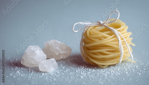 A delicate nest of uncooked spaghetti pasta tied with white string sits beside rock salt crystals on a cool blue surface with soft lighting creating an appetizing still life food composition