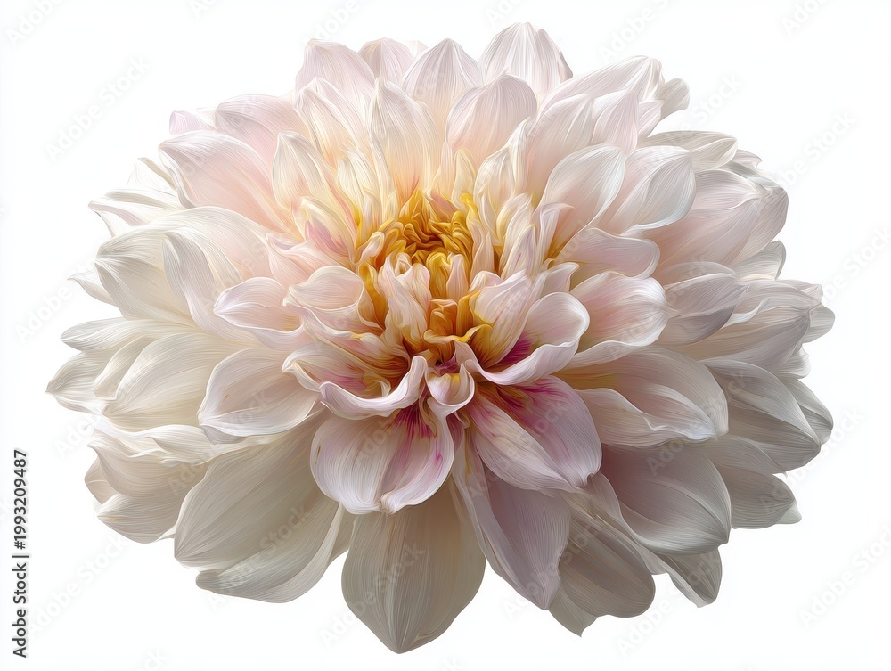 Fototapeta premium A Delicate White Dahlia Flower Detailed with Water Droplets Illuminated by Soft Light Against a Clean White Background