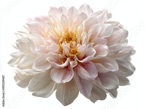 A Delicate White Dahlia Flower Detailed with Water Droplets Illuminated by Soft Light Against a Clean White Background