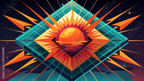 Vibrant geometric artwork depicting a stylized sun rising over water within a diamond shaped design set against a starry night sky with bold lines and bright colors