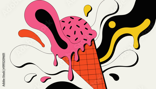 Colorful pink ice cream cone with melting effect and abstract design elements on a white background with black, orange, and yellow accents.