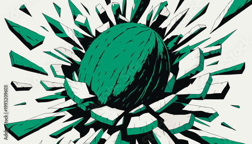 Green sphere emerges through shattered white and green glass fragments explosively breaking apart in all directions creating a dynamic scene