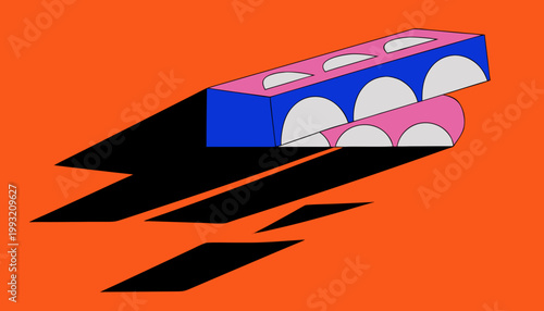 Colorful cartoon illustration of a speeding blue and pink object with white details against an orange background