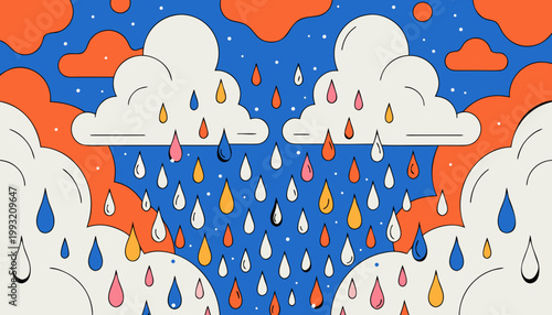 Colorful cartoon illustration of raindrops falling from fluffy white clouds against a vibrant blue and orange sky with scattered stars and puffy clouds