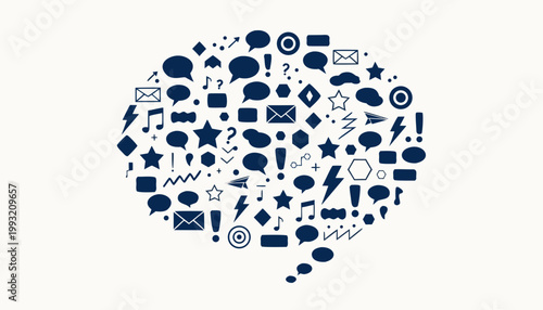 A creative arrangement of various chat and media icons forming a speech bubble conveying digital communication elements in a visually engaging way online.