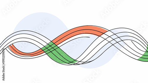 Vibrant wavy lines intertwine in orange green and white hues creating dynamic abstract design elements on a clean white background with soft gray circular shapes