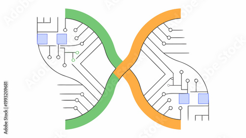 Conceptual circuit board design in the shape of a double helix DNA strand with green and orange paths on a white background with blue squares