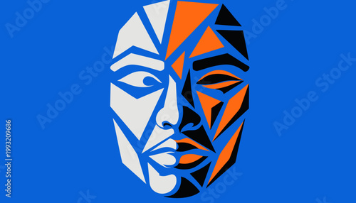 Geometric face divided into contrasting sections white and orange