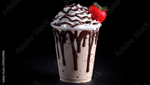 A Delicious Strawberry Milkshake Topped with Whipped Cream Chocolate Syrup and Fresh Strawberries in a Clear Plastic Cup Isolated on a Black Background with Dramatic Lighting