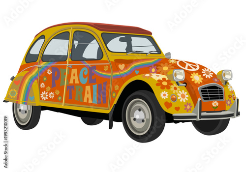 Vintage Retro Hippie Car Vector Illustration with Colorful Flower Power Patterns