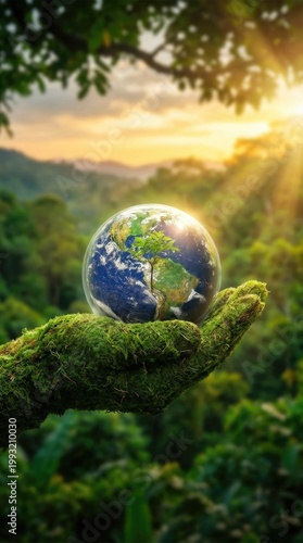 Green moss hand gently holding a vibrant planet earth globe with a small plant sprout, signifying global environmental care, sustainable development, and natural ecological future.